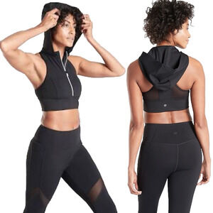 Athleta Tenacity Hooded Bra‎ Crop Tank Top Removable Hood Zip Front Black Medium